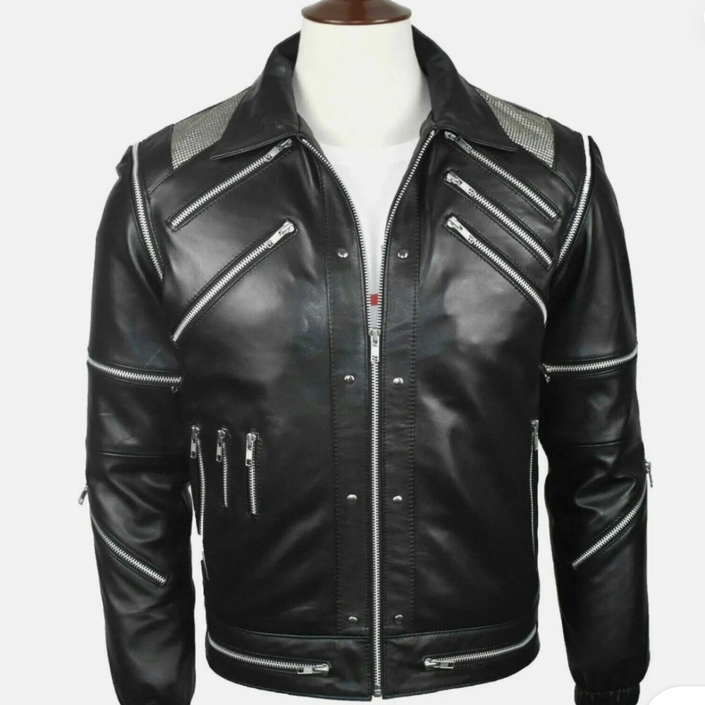 Vintage Michael Jackson MJ Beat It Genuine Black Leather Jacket With Silver Mesh